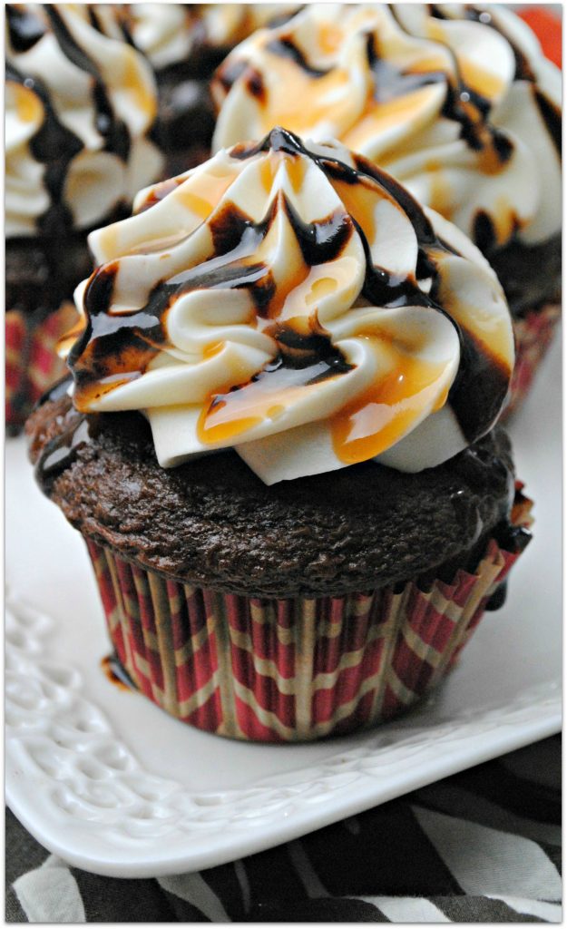 chocolate salted caramel cupcakes on a white plate