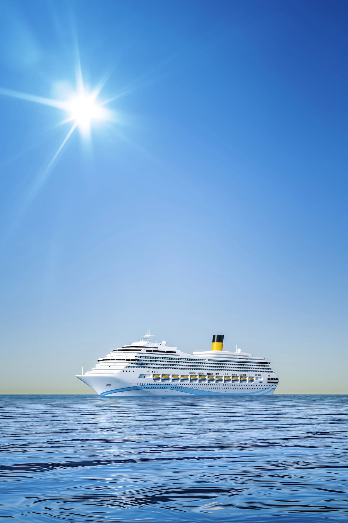 Cruise ship on the water with blue sky and sun overhead.