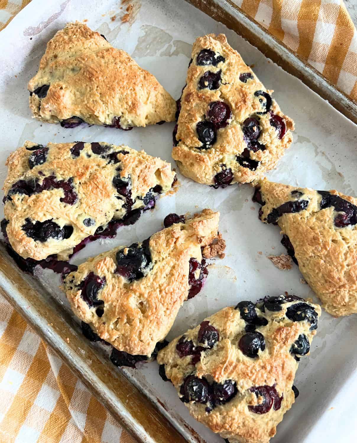 Blueberry scones on a cookie sheet.