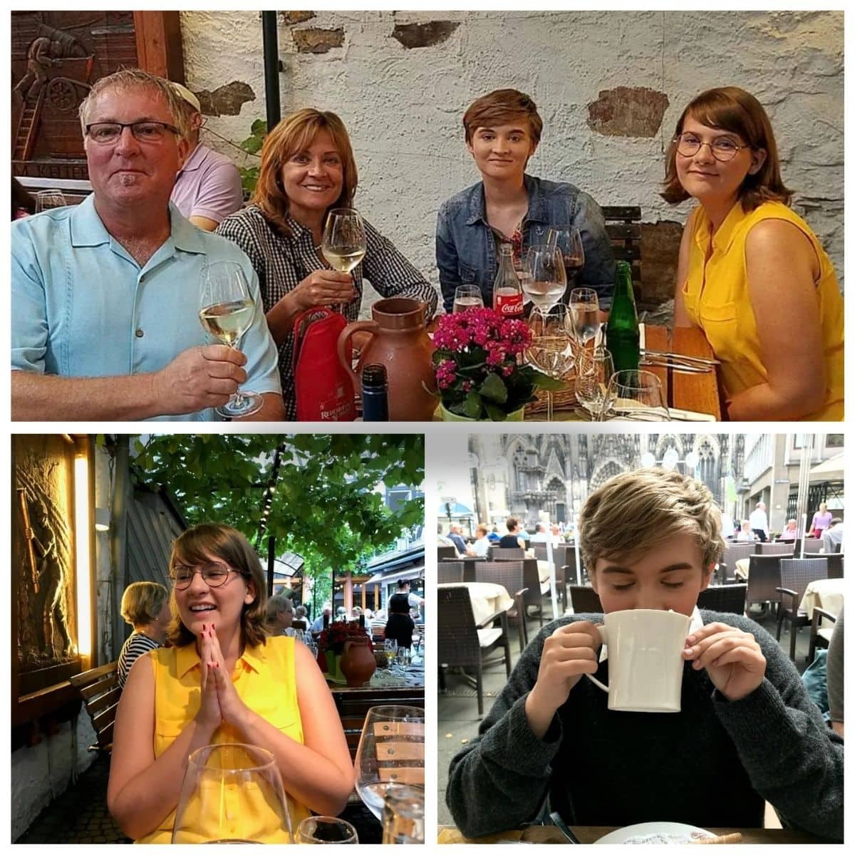 Collage of family having dinner together.