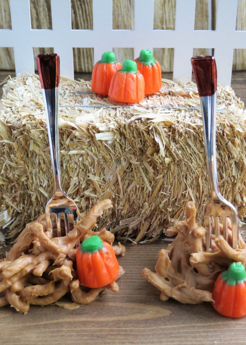 These adorable fall peanut butter haystacks are the perfect centerpiece for your Autumn or Halloween gathering, and the kids will love helping you make them. 