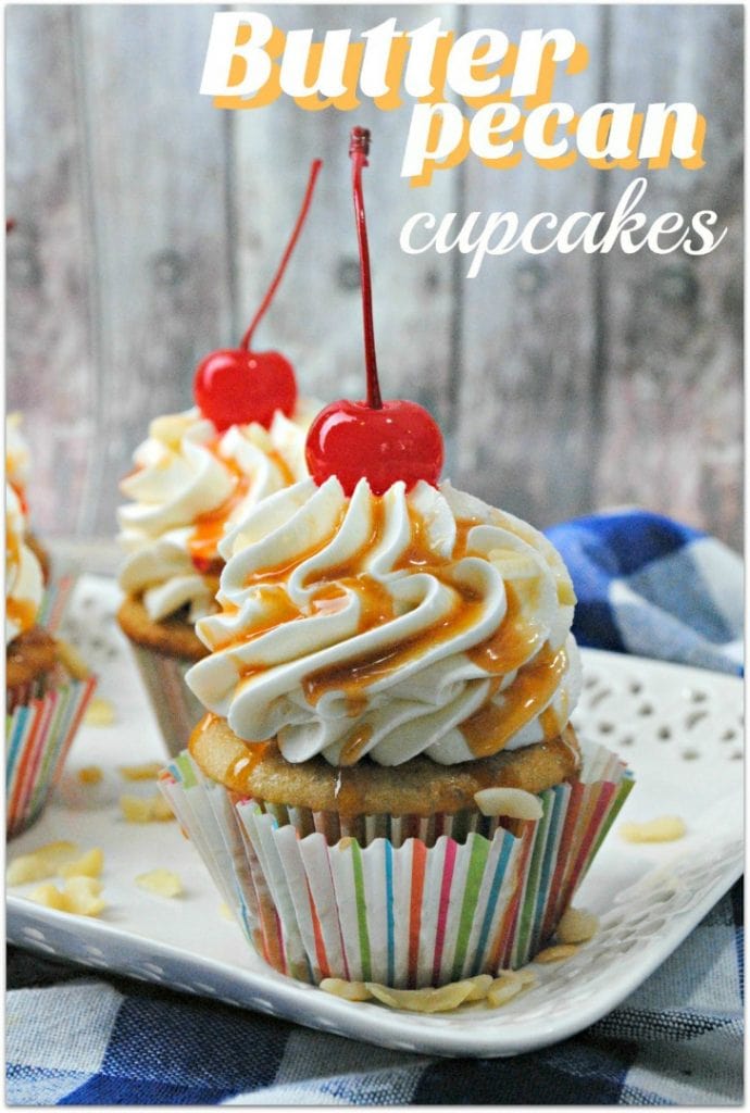 The thought of a Butter Pecan Cupcake sounds so delicious, doesn't it? Most of us had butter pecan the first time in ice cream form. It is still my mom's favorite ice cream!