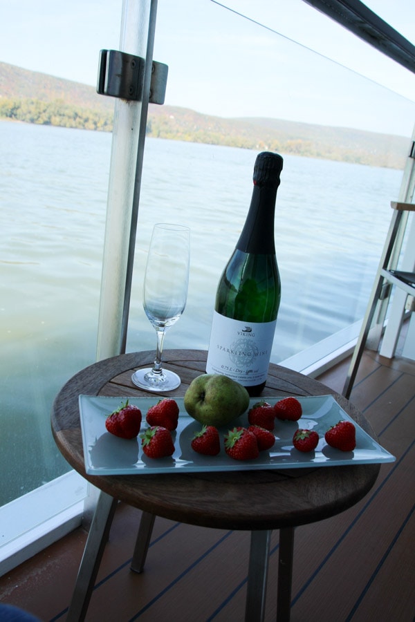 Bottle of wine and fruit on a table on balcony of river cruise ship.