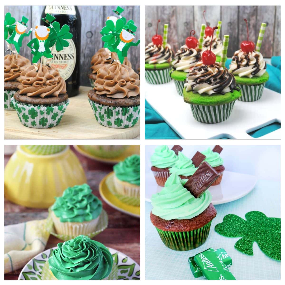 Collage of St. Patrick's Day cupcakes.