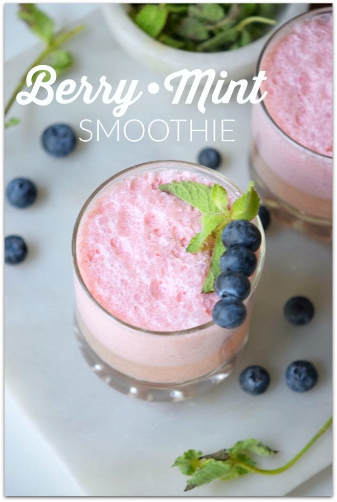 You are going to love the flavors in this Berry Mint Yogurt Smoothie. We're switching from eating high-sugar fruit yogurt to blending plain Greek yogurt with fresh fruit in a delicious and healthy smoothie.