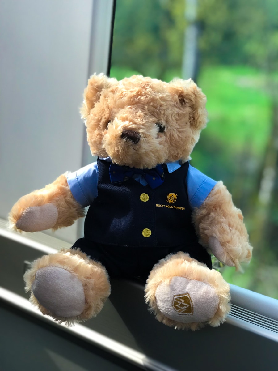 Rocky Mountaineer Train teddy bear in window of train.