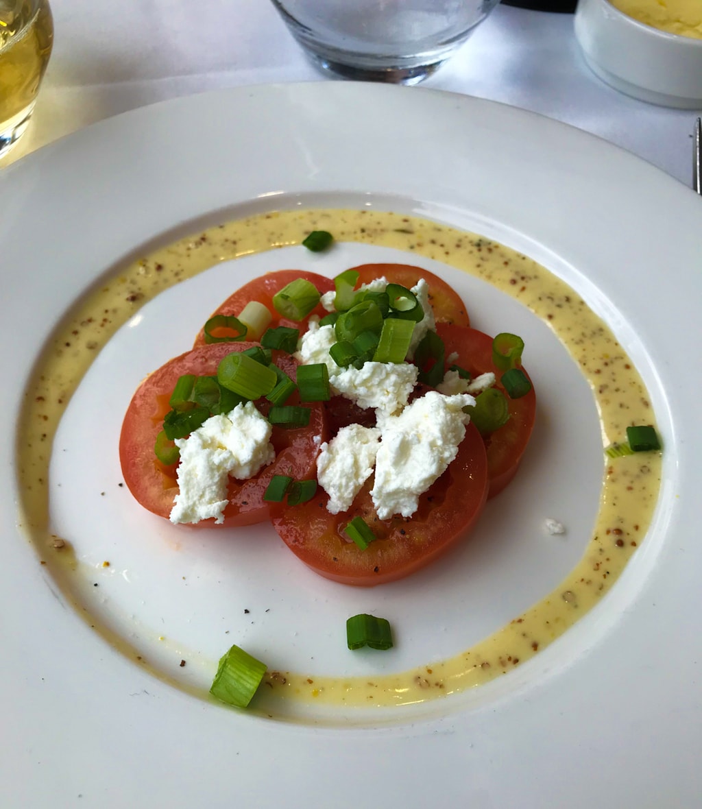 Tomatoes and cheese with vinaigrette on white plate.