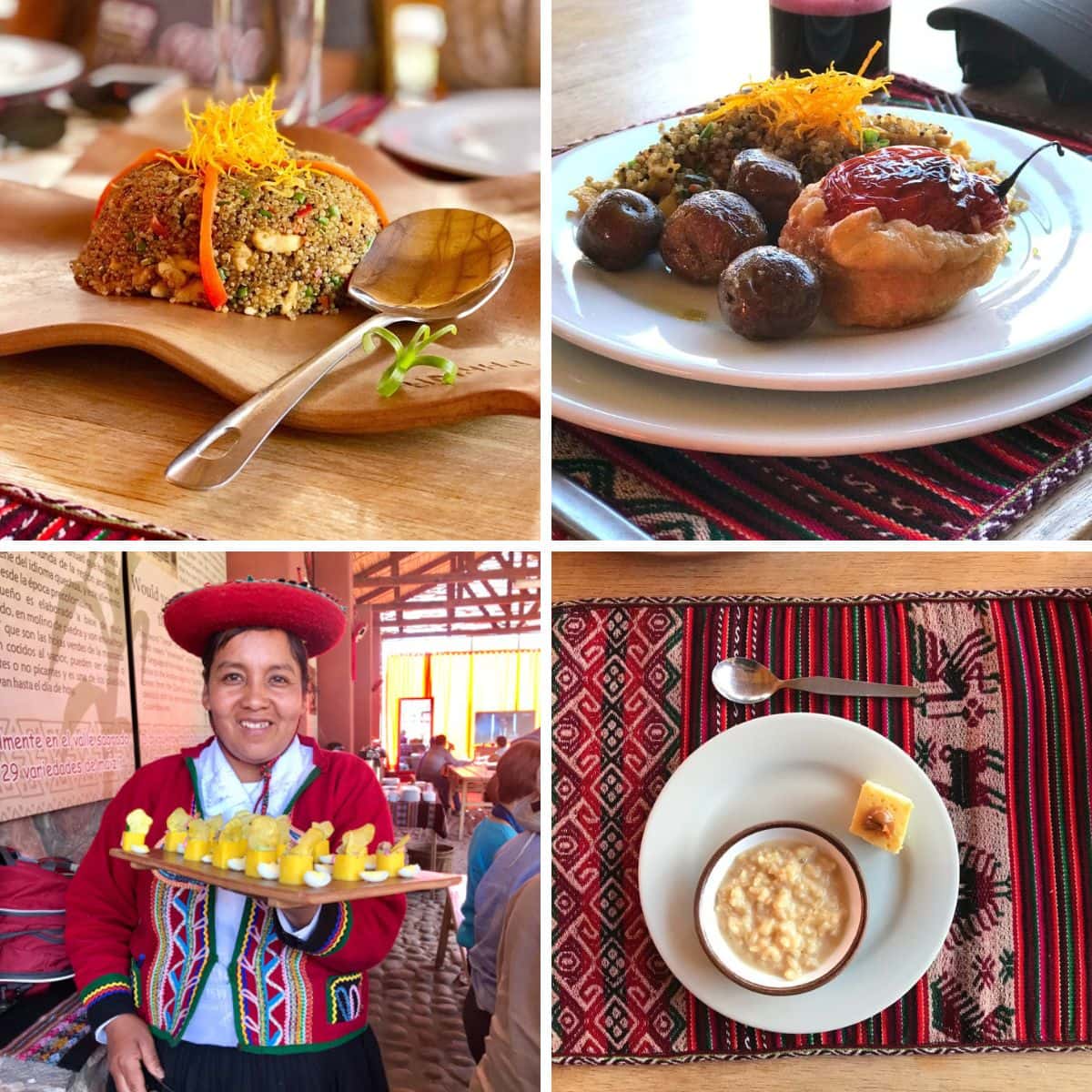 A collage of Peruvian dishes and a server in authentic clothing holding a tray of drinks.
