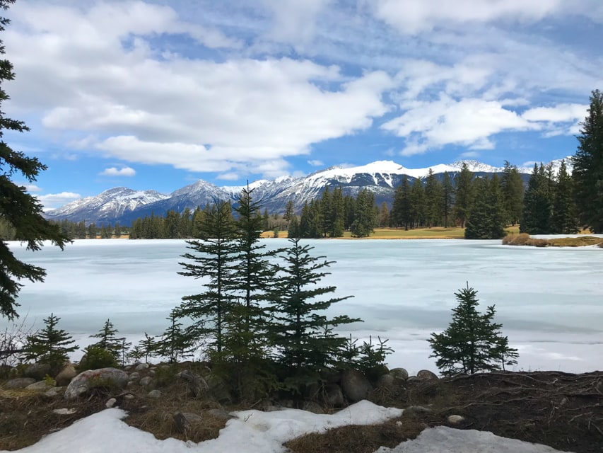 Lake Jasper and Canadian Rockies in background.