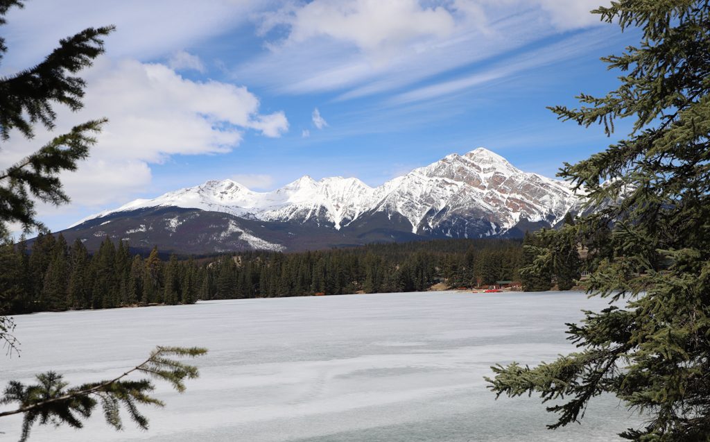 View of snow capped mountains.