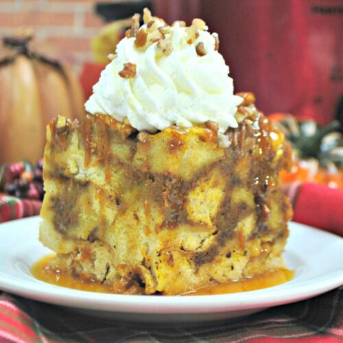 Pumpkin maple crockpot French toast is the perfect breakfast for busy school mornings. It's also a lifesaver when you have company visiting and want to spend time with them - not in the kitchen!