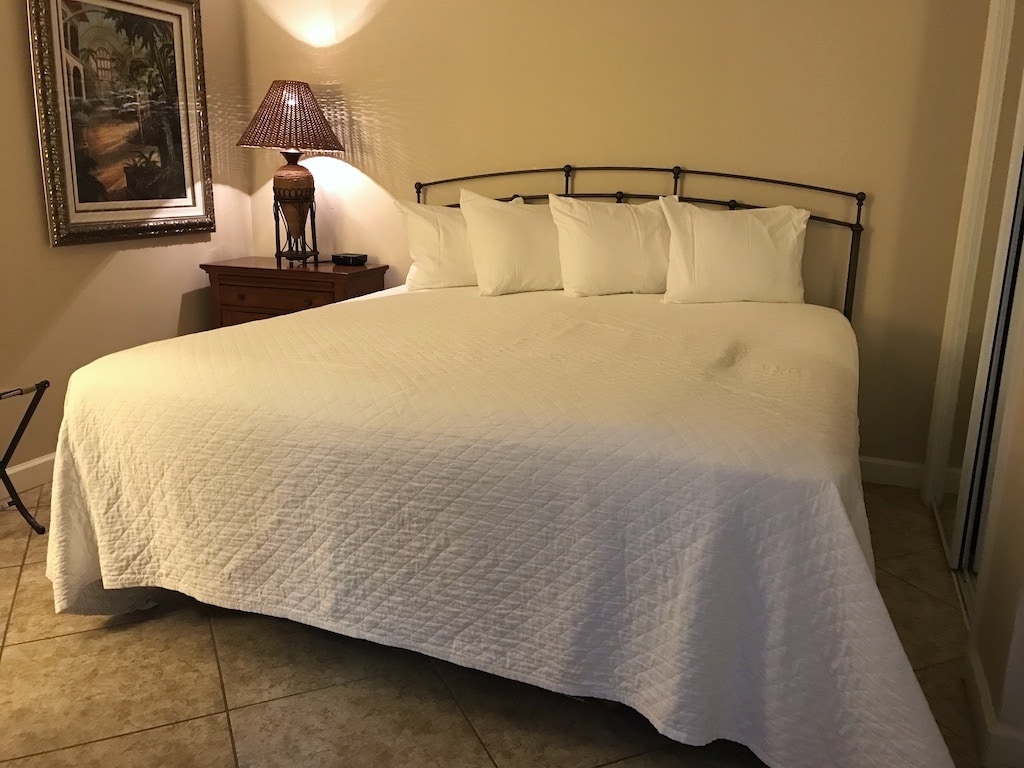 Bedroom at hotel in Panama City Beach, Florida.