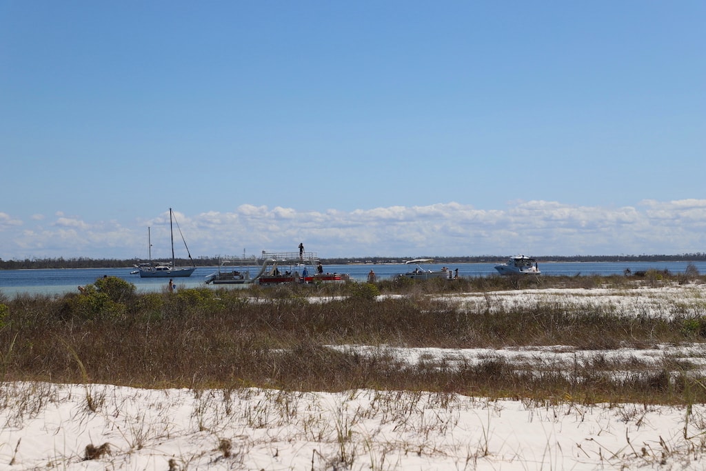 Beach dunes with boats in the distance.