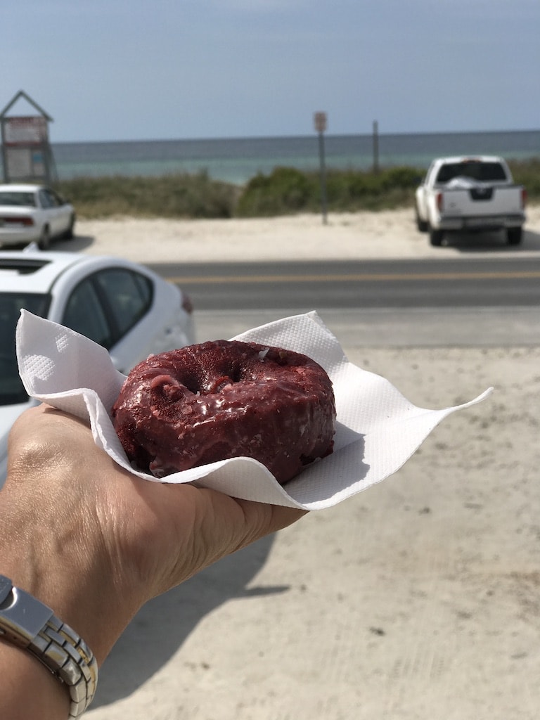 Red velvet donut from Thomas' in Panama City Beach