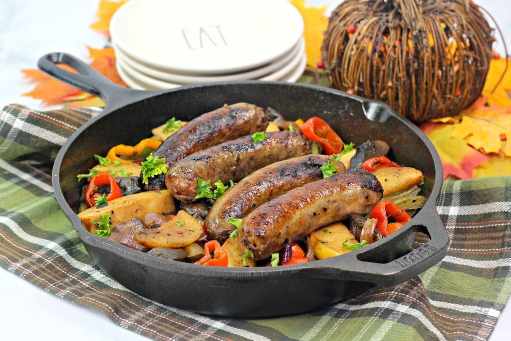 Get ready for a flavor explosion with this bratwurst skillet recipe. Roasting these ingredients together melds the flavors into a pan of pure deliciousness.