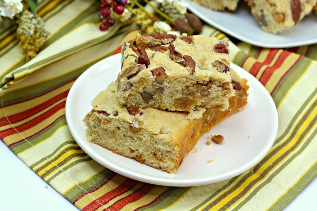 Butter Pecan cookie bars on a white plate