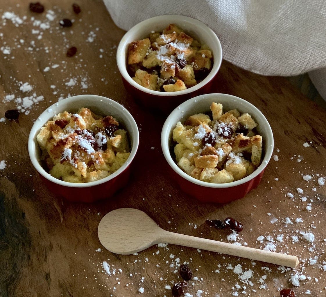 bread and butter pudding on wood