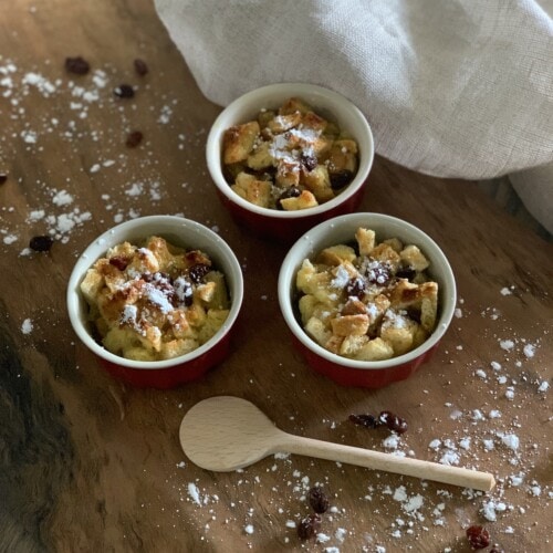 bread and butter pudding on wood block