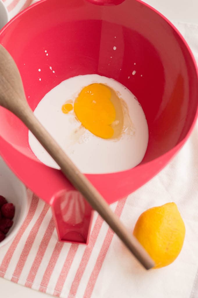 Pink bowl of milk and egg