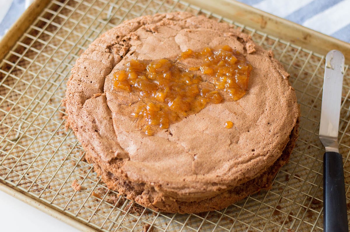 chocolate torte cake with apricot jam spread on top