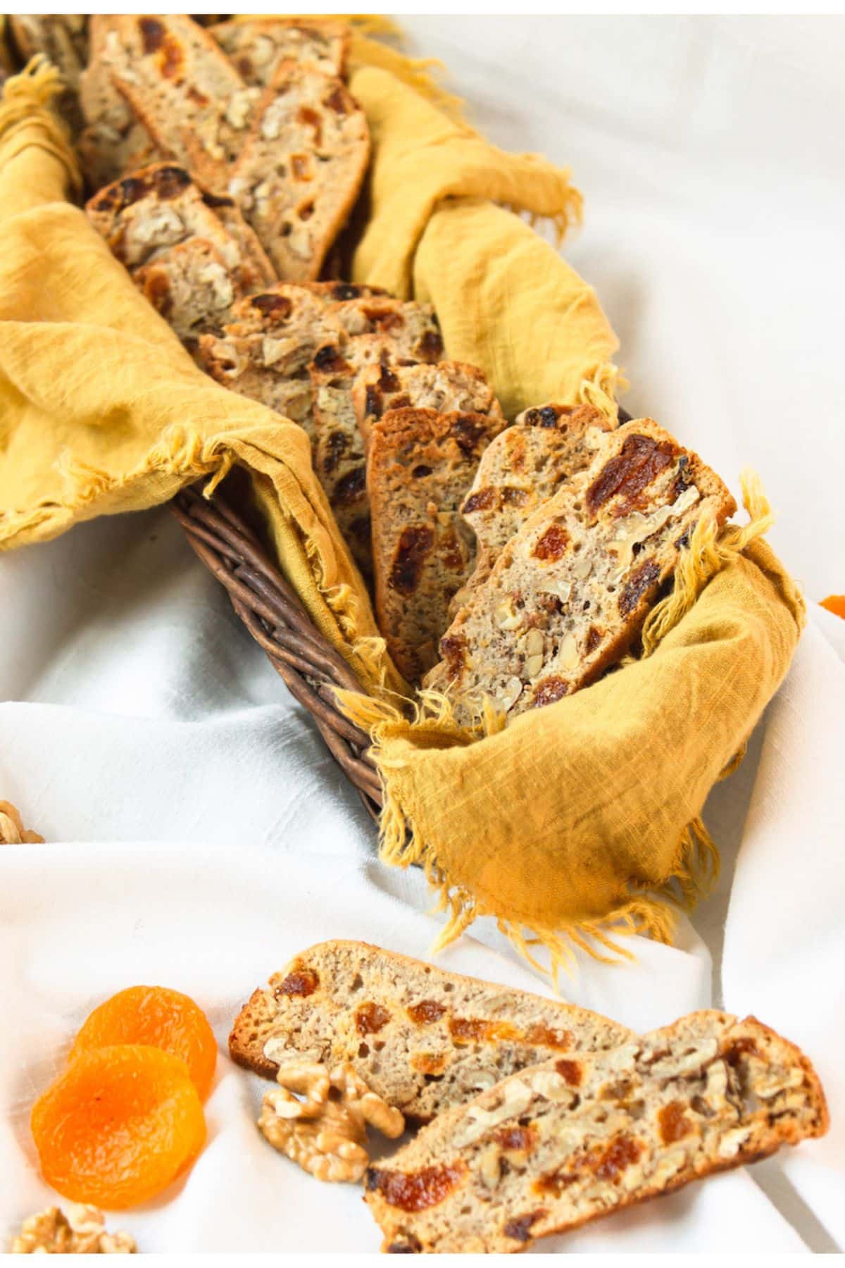 Biscotti cookies in a basket with a yellow napkin.