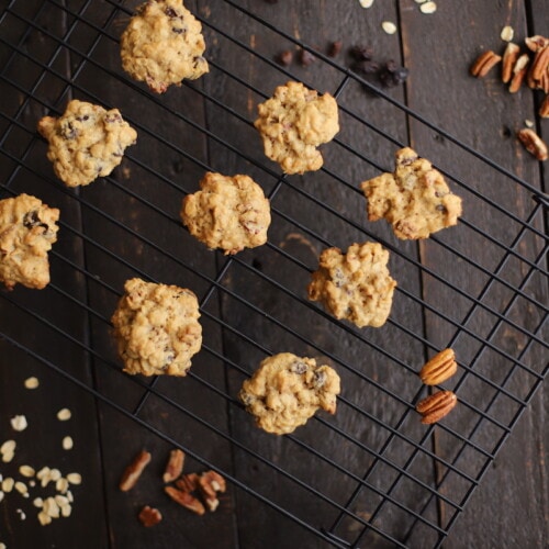 oatmeal raisin cookies on a cookie rack