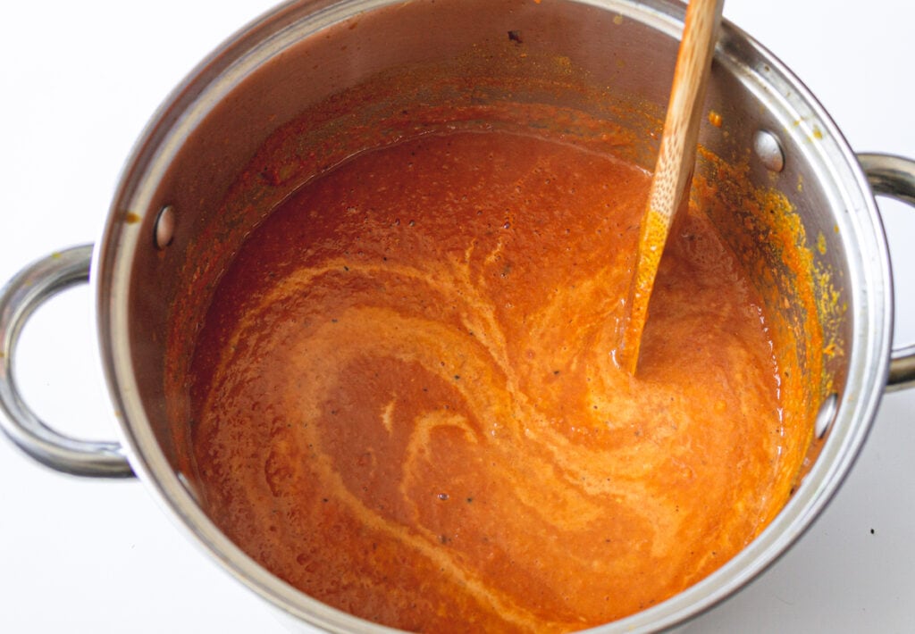 homemade tomato soup recipe in a stock pot