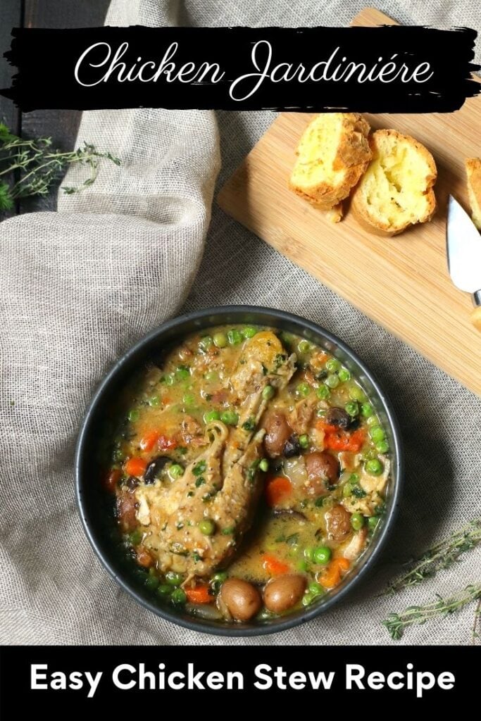 easy chicken stew in black bowl on burlap napkin for Pinterest