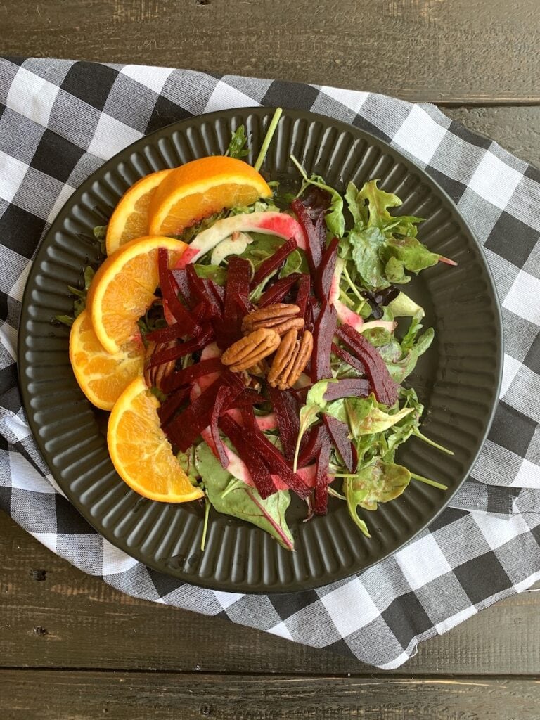 roasted beet salad with oranges and walnuts on greens
