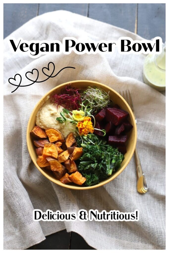 Pinterest image of kale and sweet potato vegan power bowl