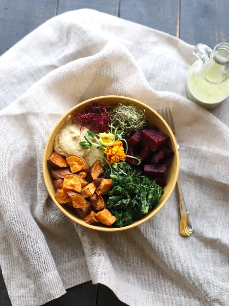 vegan power bowl with dressing on side