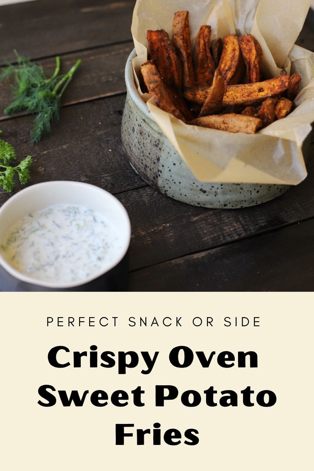 crispy oven sweet potato fries in bowl on black board