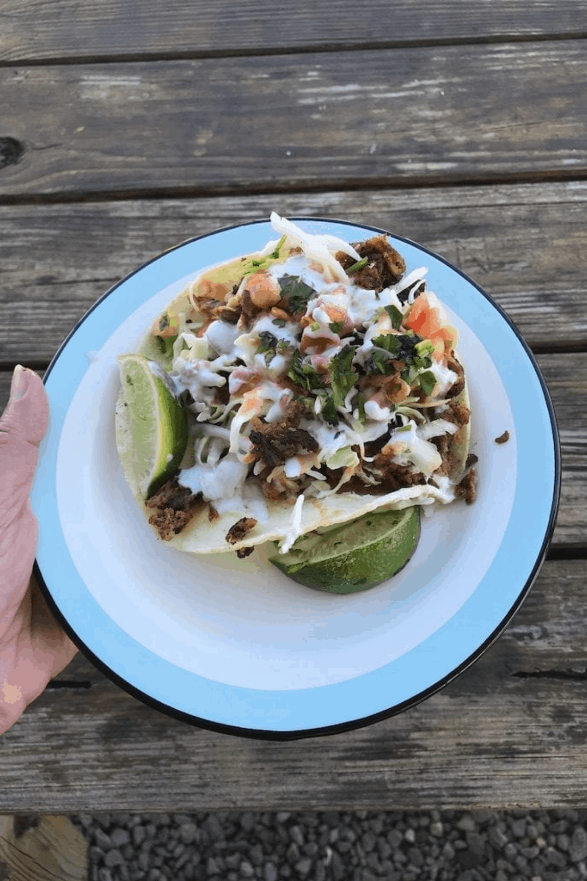 Carnitas tacos on a white plate being held over a wood table.