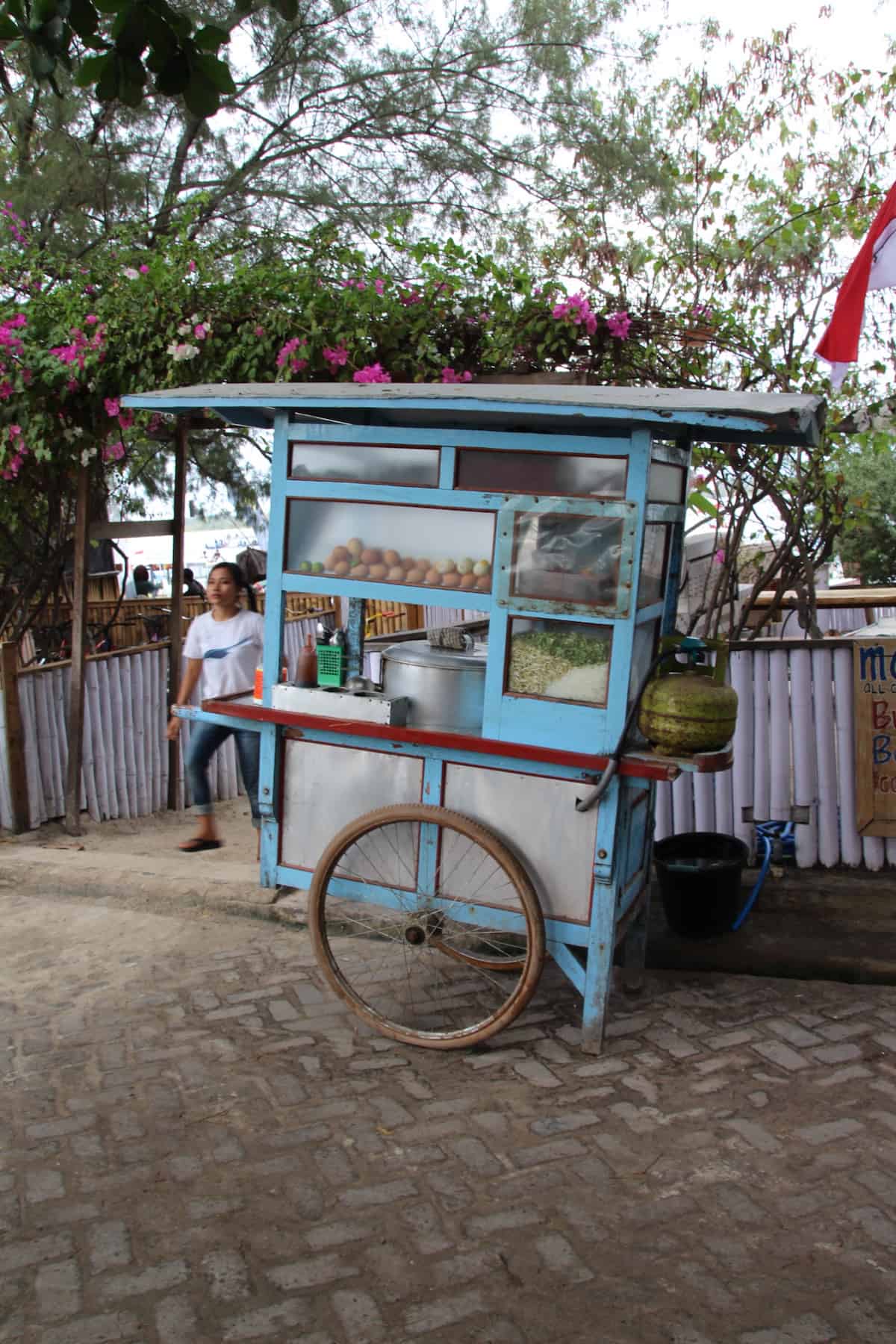 Light blue cart used for street food vendor in Indonesia.