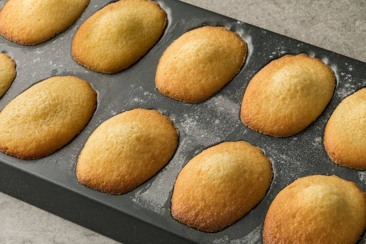 Madeleine cookies baked in pan.