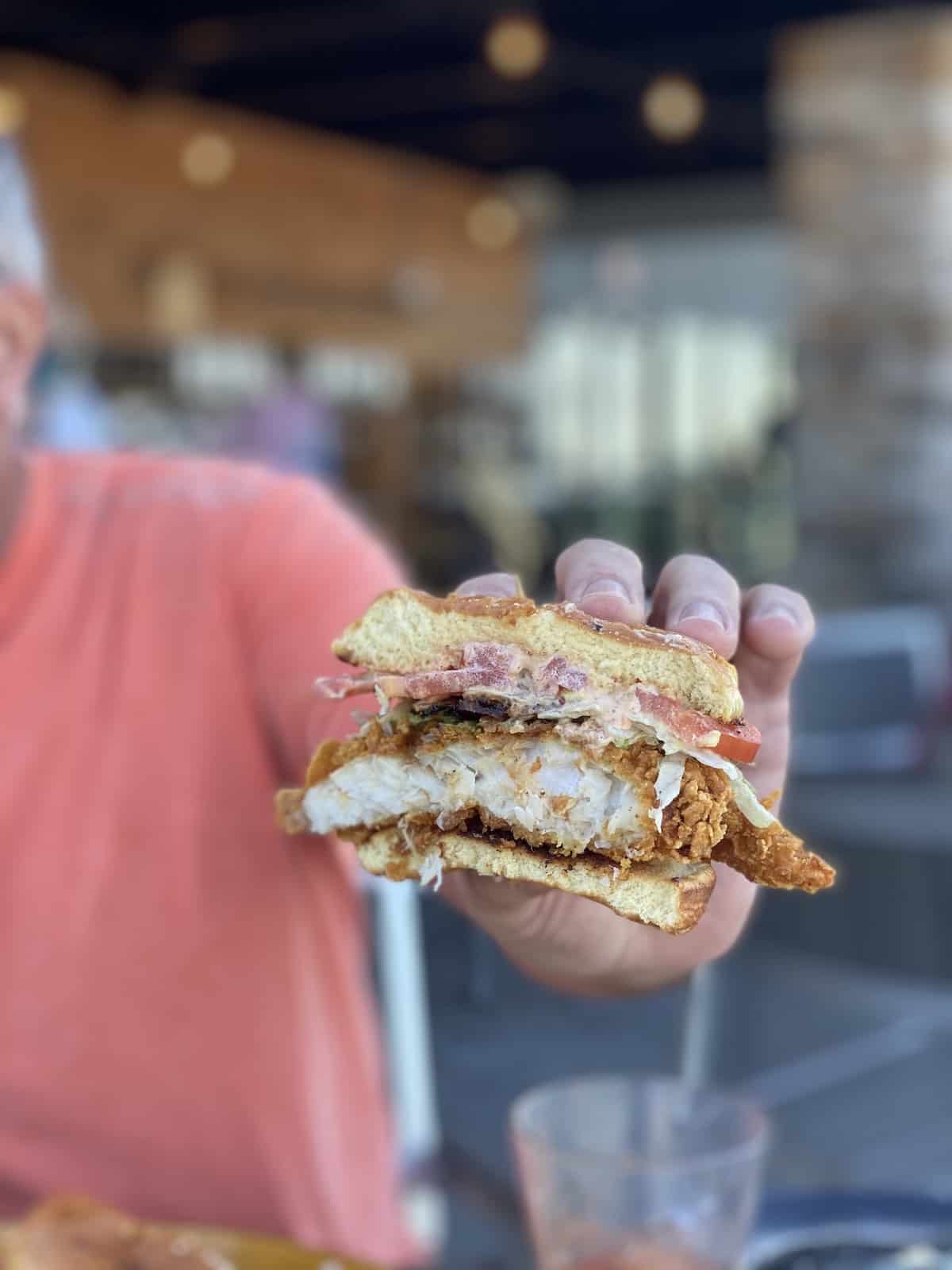 Hand holding a fish sandwich.