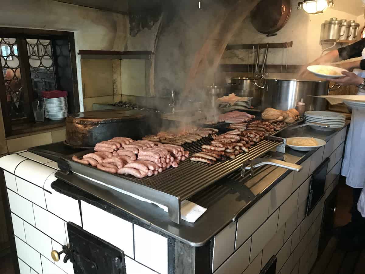 Sausages on a grill at the Historic Sausage Kitchen in Regensburg Germany.