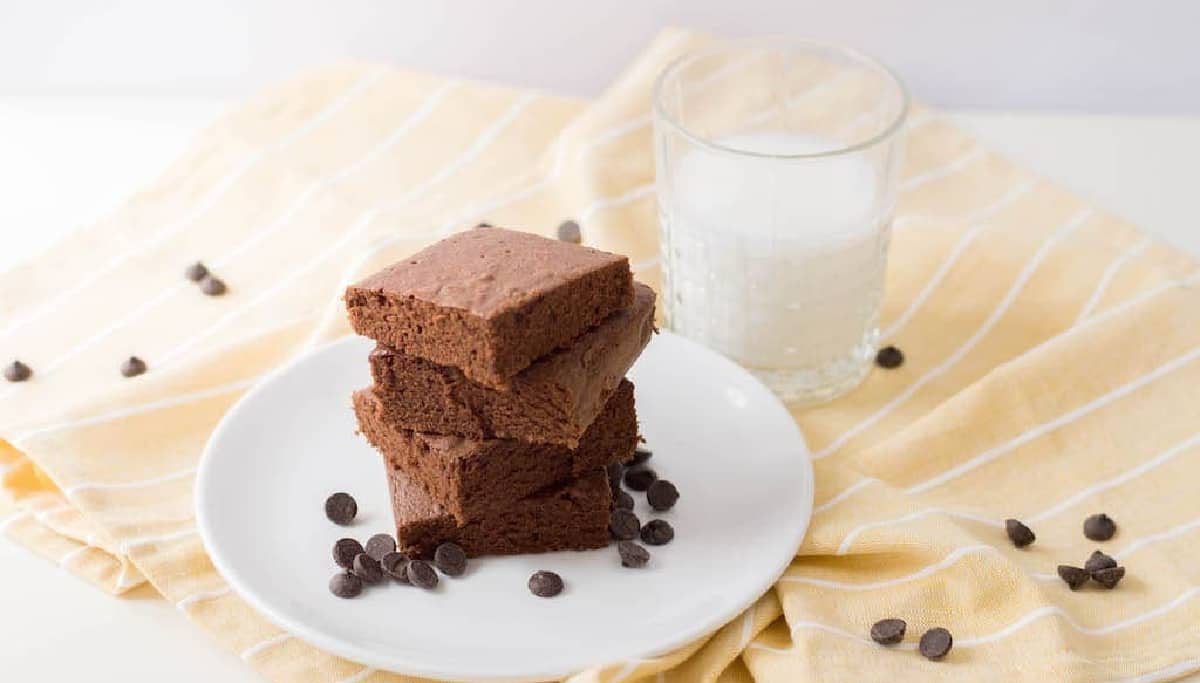 Dark chocolate brownies on a white plate on a yellow napkin with a glass of milk.