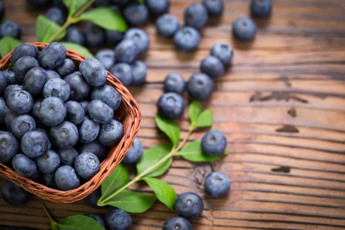 Blueberries on a wood board.