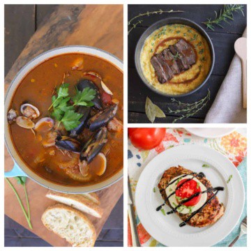 Cioppino, braised beef over polenta, and grilled chicken with tomato and cheese.