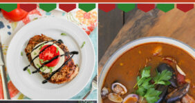 Italian dishes of bruschetta chicken, Cioppino, and braised beef, graphic for Pinterest.
