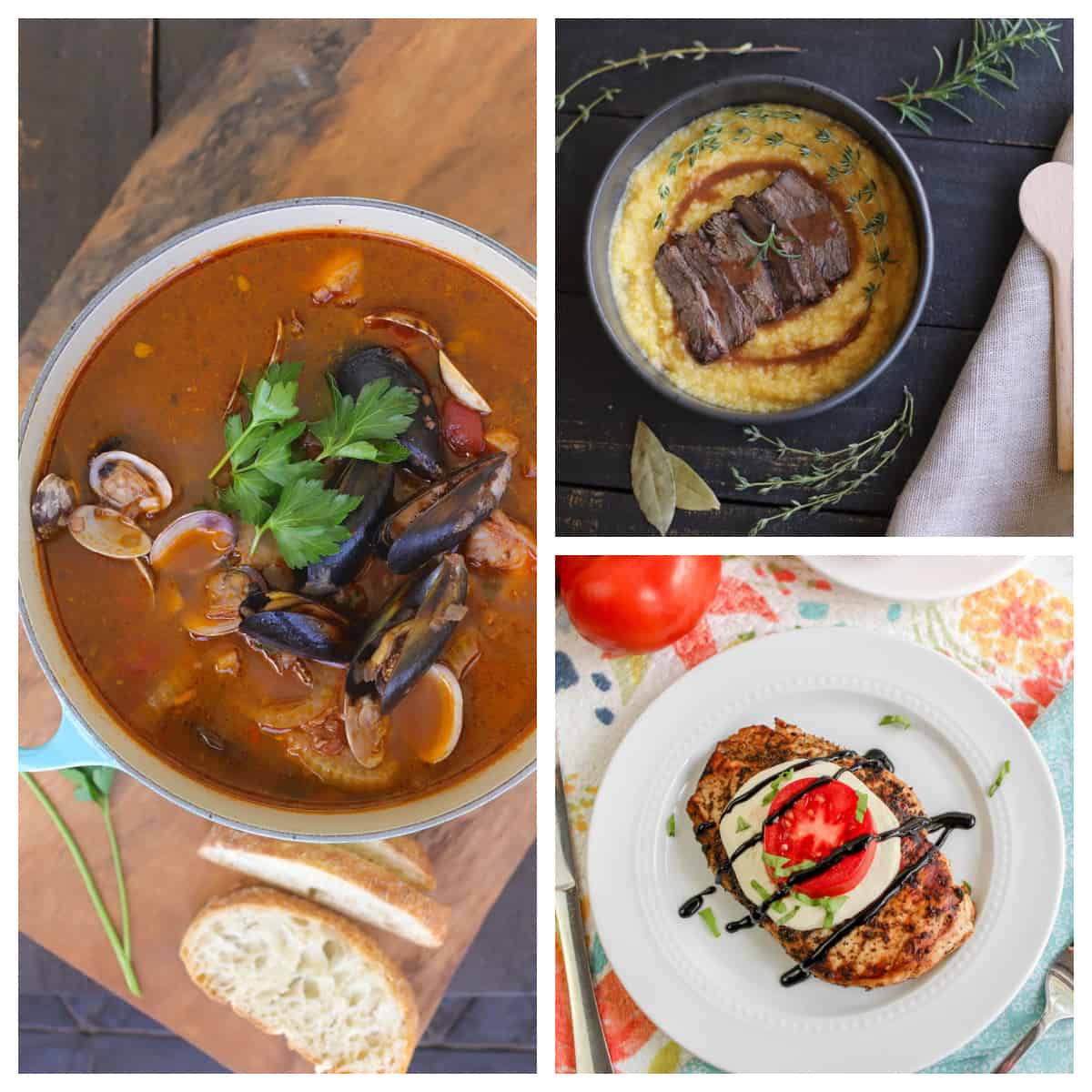 Cioppino, braised beef over polenta, and grilled chicken with sauce and cheese.