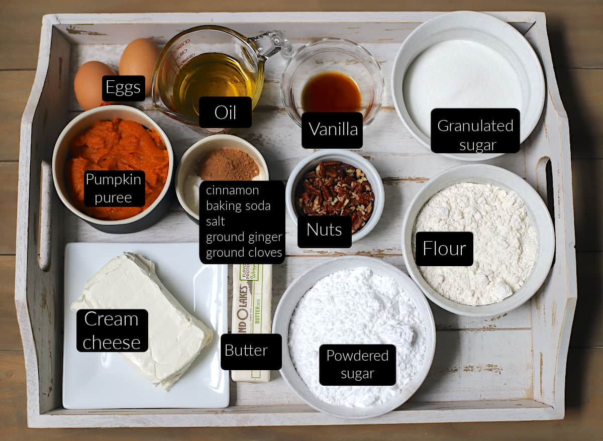 Ingredients to make pumpkin bars with cream cheese frosting.