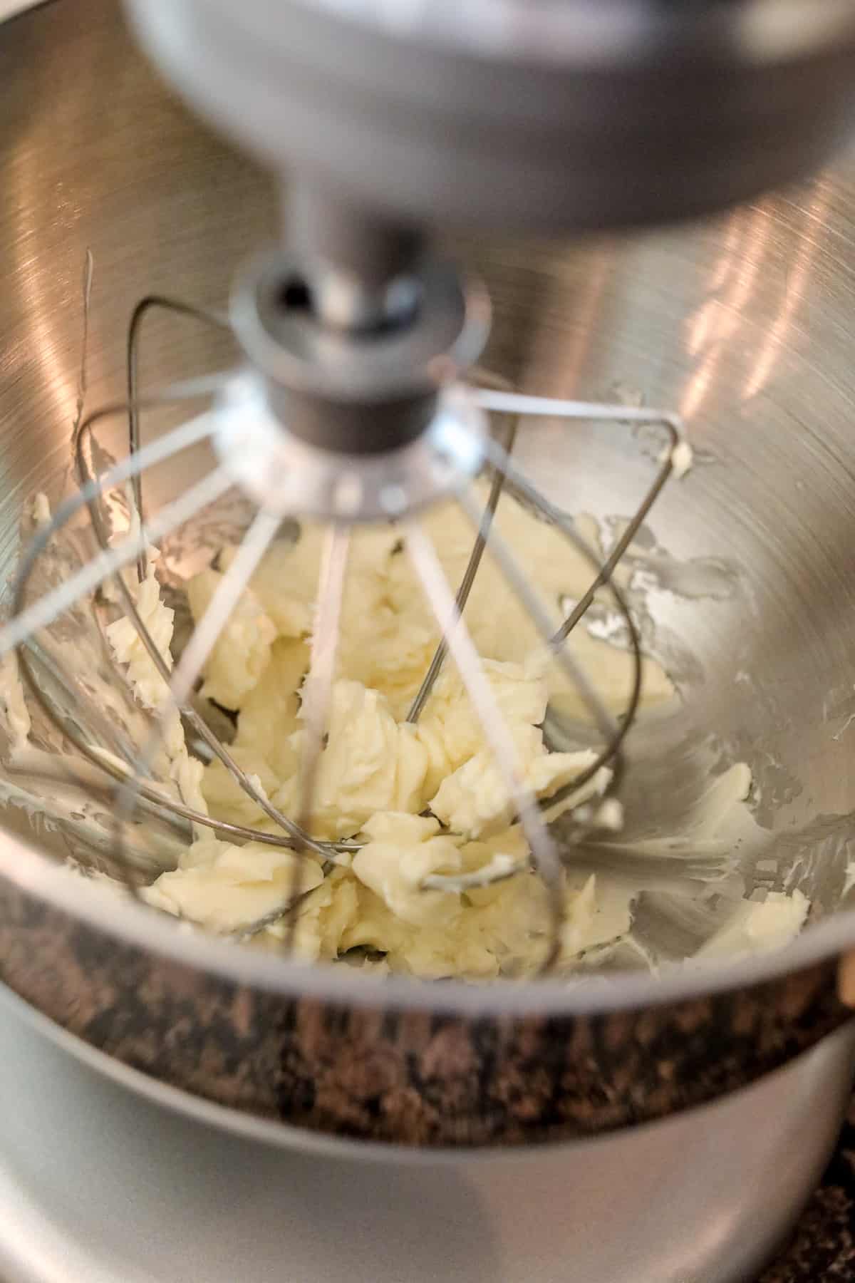 Creaming butter in stand mixer.