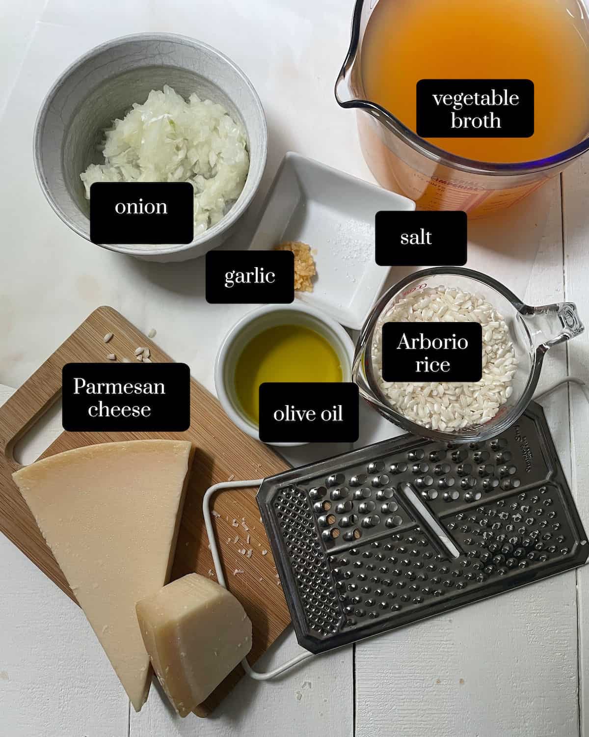 Onion, vegetable broth, garlic, salt, olive oil, parmesan cheese, Arborio rice,