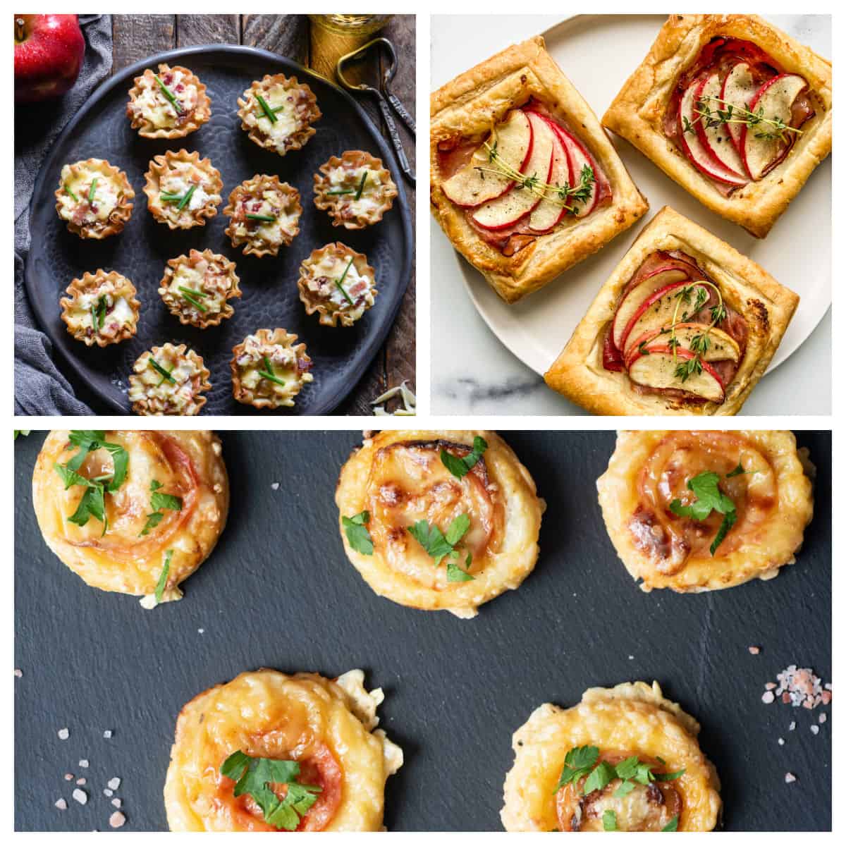 Mini tarts on plates in a collage.