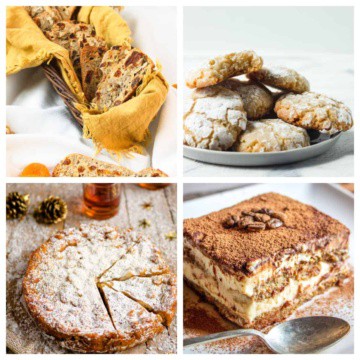 Collage of Italian desserts including tiramisu and cookies.