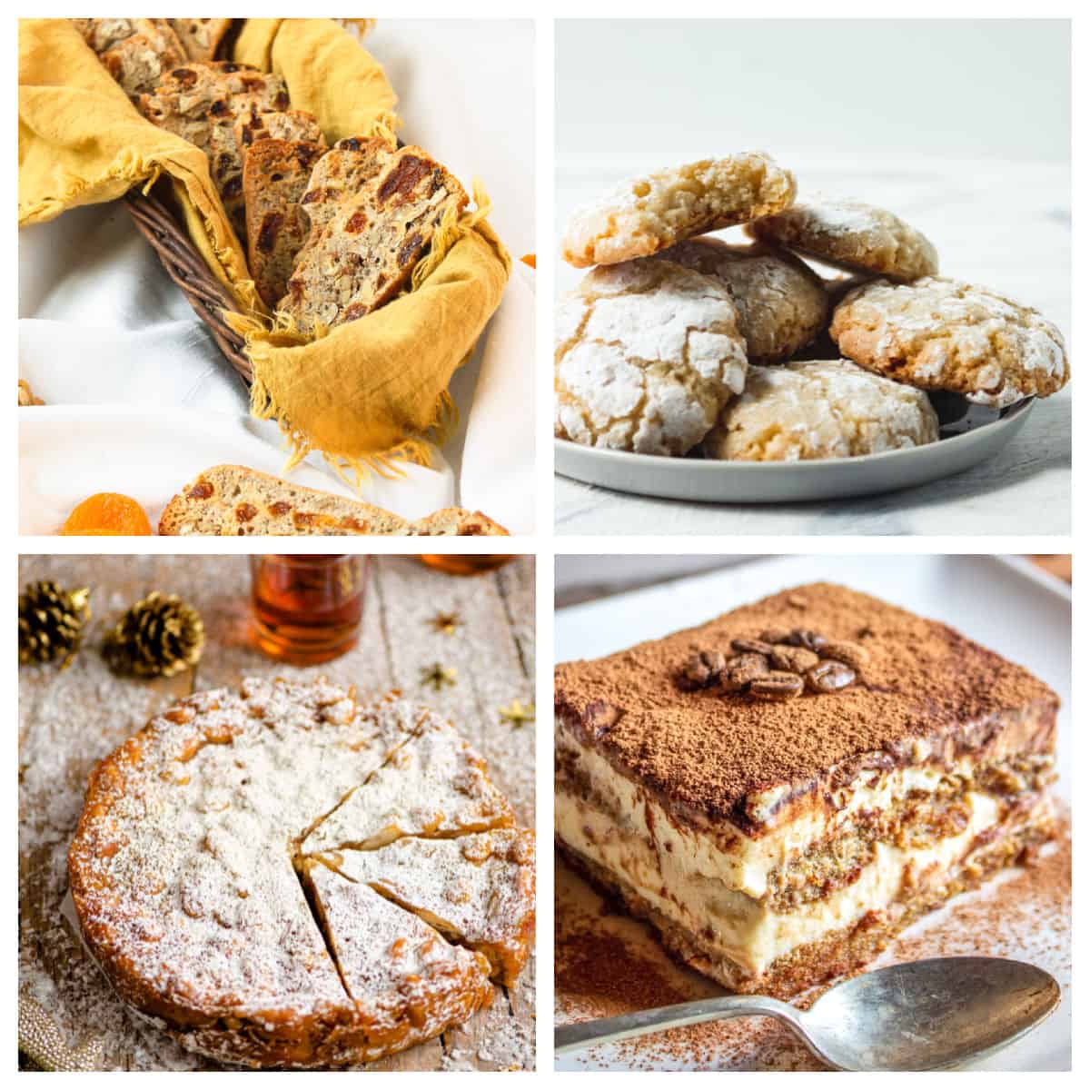 Collage of Italian desserts inlcuding tiramisu and cookies.