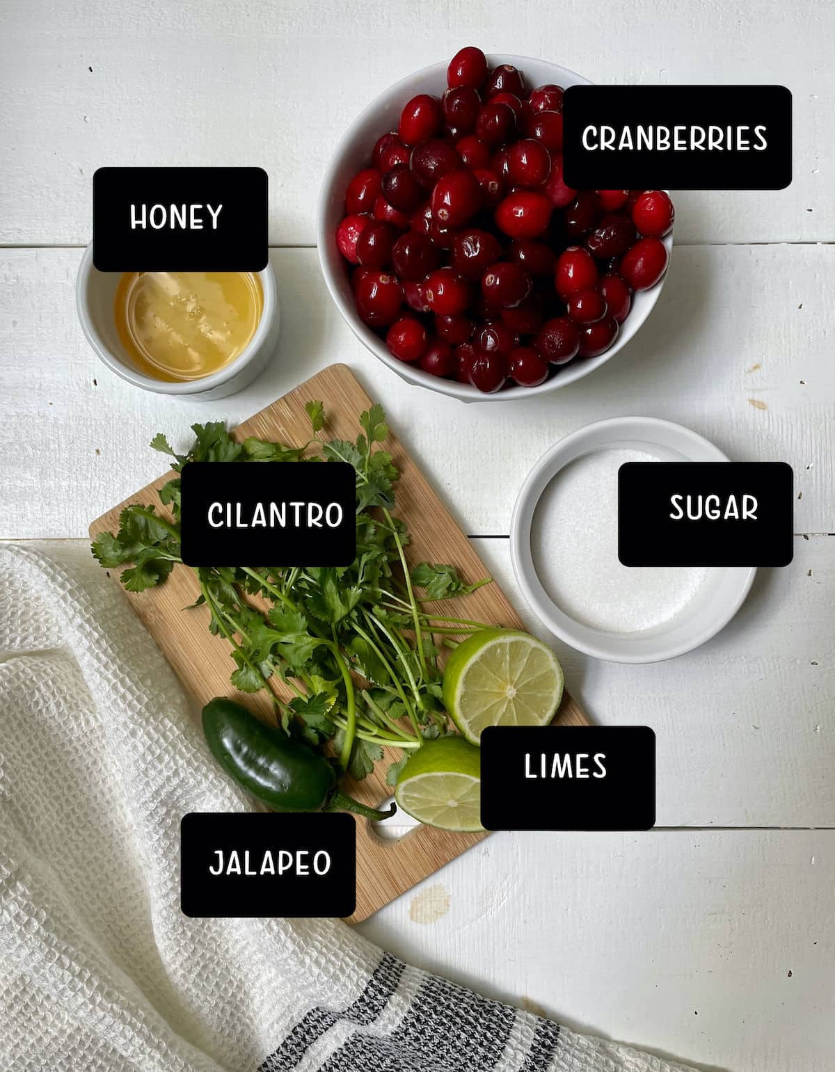 Honey, cranberries, cilantro, lines, jalapeño, and sugar to make salsa.