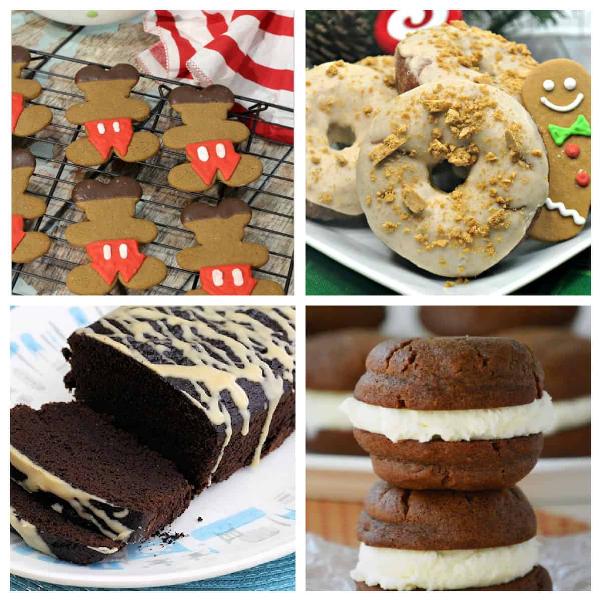 Gingerbread Mickey cookies, gingerbread donuts, gingerbread loaf, and gingerbread sandwich cookies in a collage.